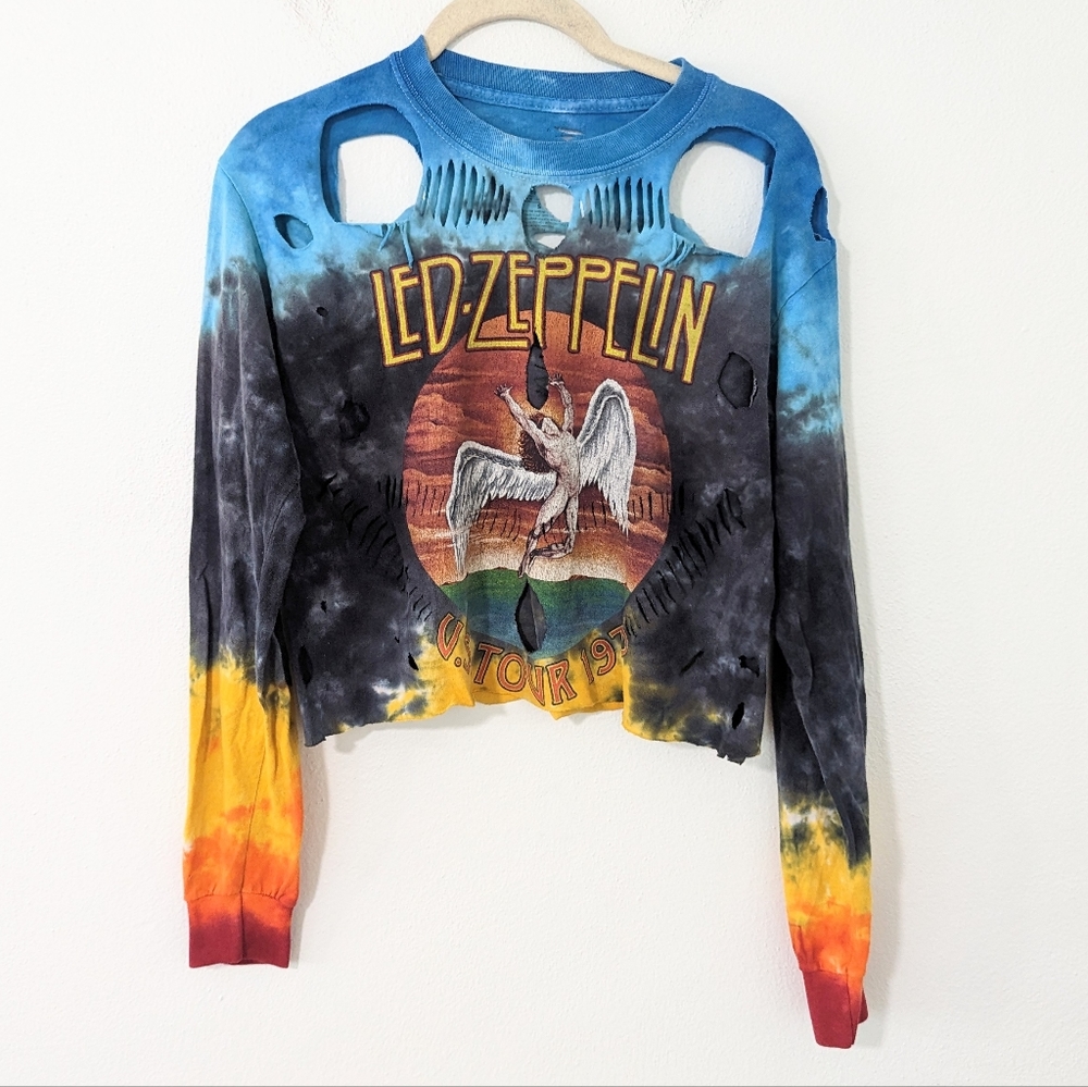 Led Zeppelin Tie Dye Cutout Distressed Graphic T Shirt Long Sleeve Small S